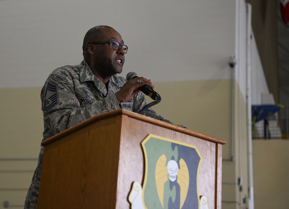 U.S. Air Force Col. Jeffrey Anderson, 5th Maintenance Group (MXG) commander, delivers a speech to the crowd at the 5th MXG’s Maintenance Professionals of the Year awards banquet at Minot Air Force Base, North Dakota, May 25, 2023. Anderson spoke on how vital the mission is at Minot, and thanked everyone for their contribution. (U.S. Air Force photo by Airman 1st Class Trust Tate)