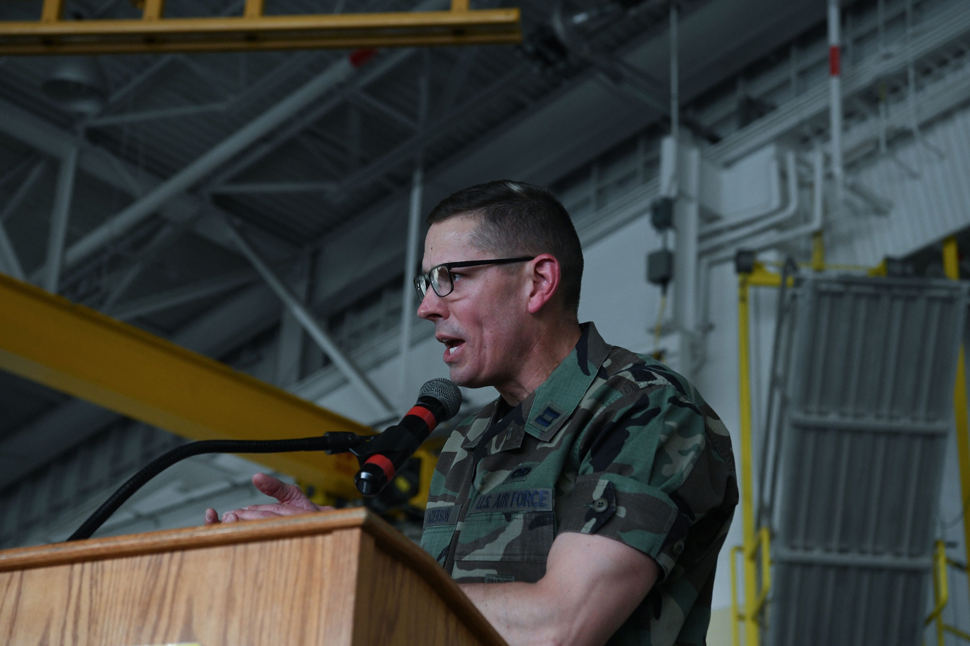 U.S. Air Force Col. Jeffrey Anderson, 5th Maintenance Group (MXG) commander, delivers a speech to the crowd at the 5th MXG’s Maintenance Professionals of the Year awards banquet at Minot Air Force Base, North Dakota, May 25, 2023. Anderson spoke on how vital the mission is at Minot, and thanked everyone for their contribution. (U.S. Air Force photo by Airman 1st Class Trust Tate)