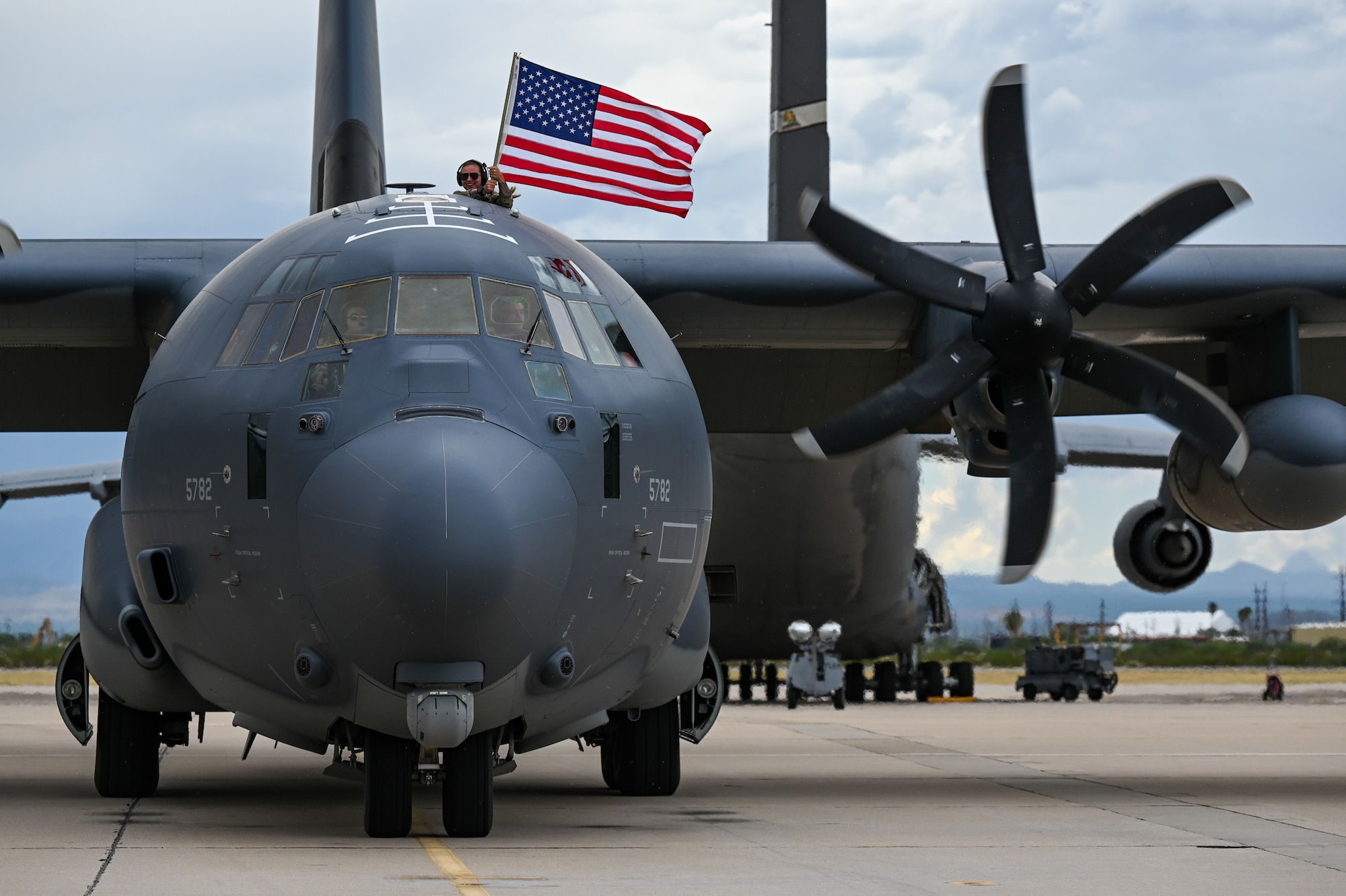 A U.S. Air Force HC-130J Combat King II, assigned to the 79th Rescue Squadron, taxis down the flight line at Davis-Monthan Air Force Base, Arizona, Oct. 8, 2022. Members with the 355th Wing returned home on two C-130s after an overseas deployment. (U.S Air Force photo by Airman 1st Class Devlin Bishop)