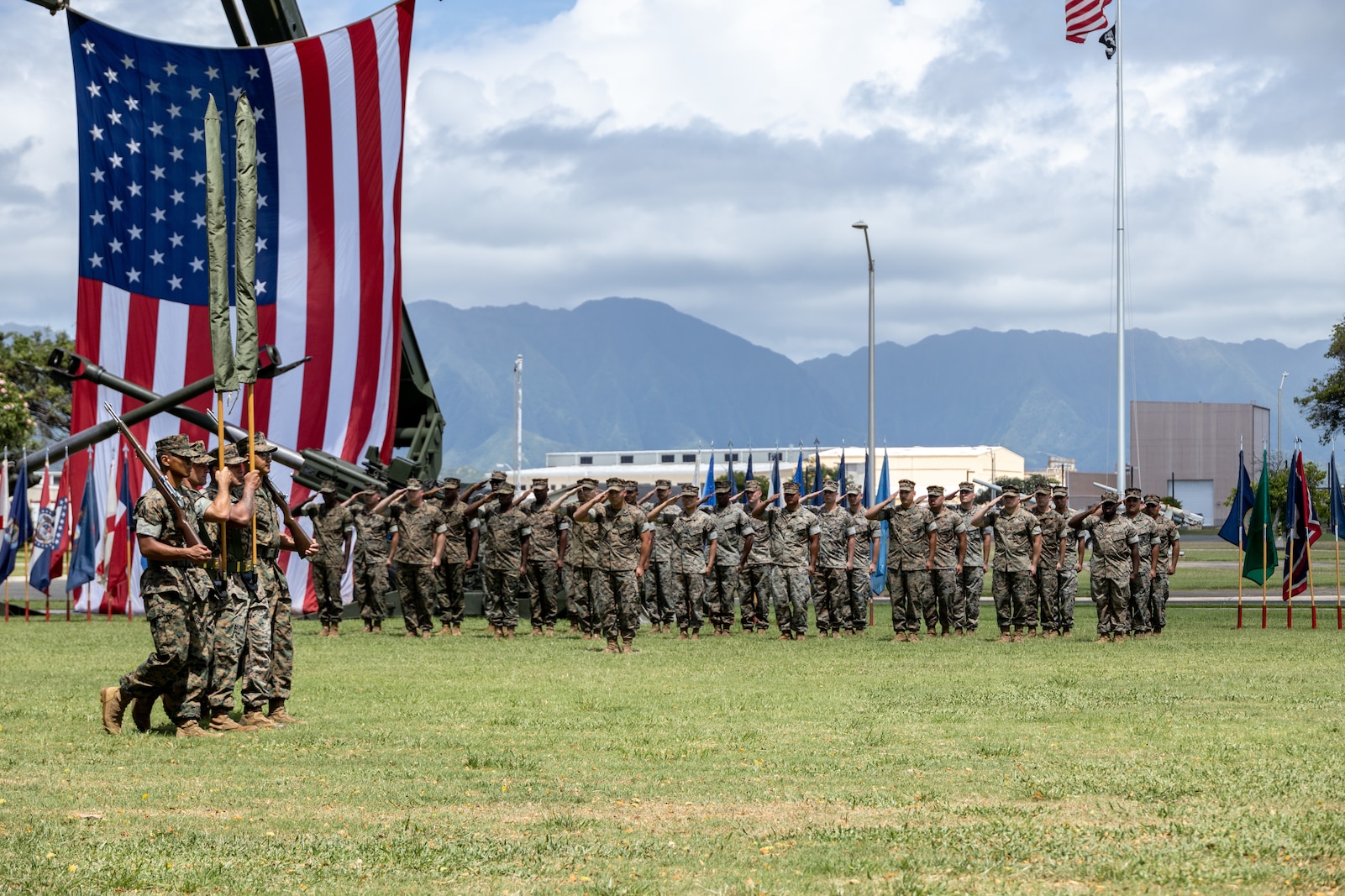 U.S. Marines with 1st Battalion, 12th Marines, 3d Marine Division, participate in the unit’s deactivation ceremony on Marine Corps Base Hawaii, May 26, 2023. The deactivation is in accordance with Force Design 2030’s modernization efforts. The battalion has played a valuable role in setting conditions for the 3d Marine Littoral Regiment, and future MLRs, to provide combat ready and lethal forces in the Indo-Pacific. 3d MLR and 12th Marines, which is scheduled to transition to an MLR in 2025, will provide ready and capable stand-in forces to the first island chain, bolstering the United States Indo-Pacific Command’s ability to support deterrence efforts and respond to potential crises with allies and partners. (U.S. Marine Corps photo by Sgt. Israel Chincio)