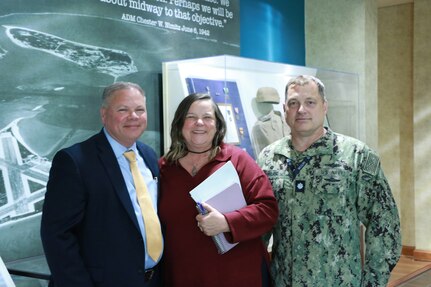 Rob Engelhardt, senior naval intelligence manager for China and East Asia at the Office of Naval Intelligence, (left) posed for a photo with Kim Rigazzi, director of Training for Warfare Training Command (IWTC) Virginia Beach; and Cmdr. John Copeland, commanding officer, IWTC Virginia Beach; after discussing the current strategic situation with China and holding a question and answer session with the students of IWTC Virginia Beach on May 25.