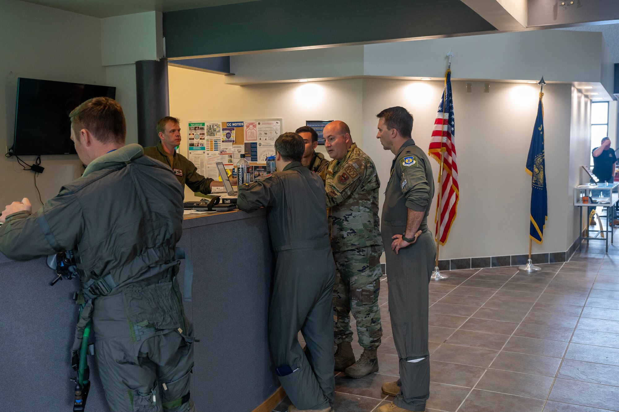 U.S. Air Force Airmen assigned to the 173rd Fighter Wing and 56th FW, Luke Air Force Base, Arizona, attend a pre-flight briefing May 15, 2023, at Kingsley Field Air National Guard Base, Oregon.