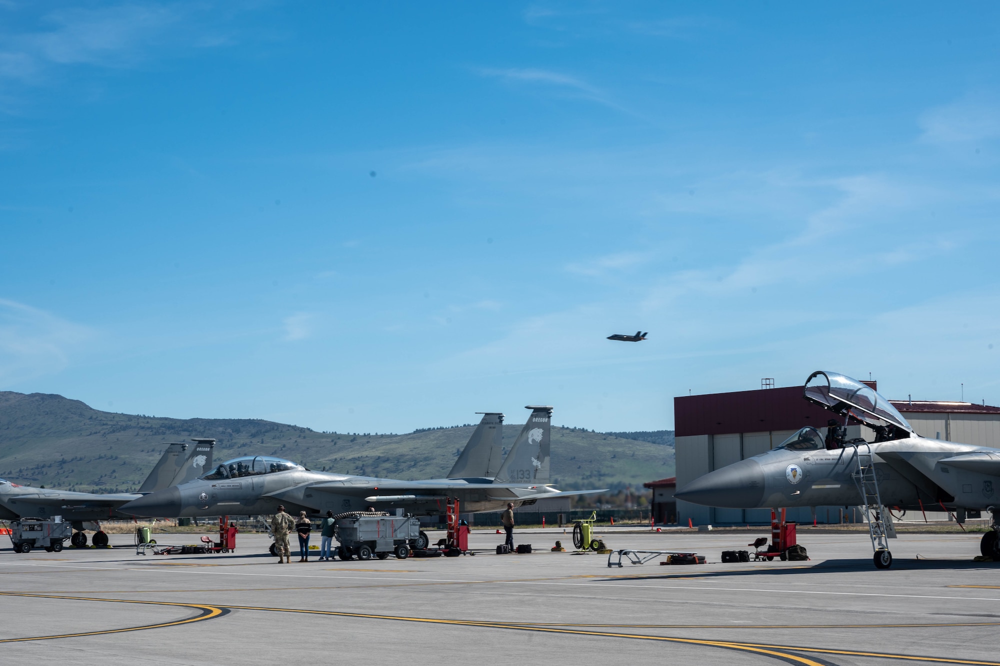 A U.S. Air Force F-35A Lightning II assigned to the 62nd Fighter Squadron, Luke Air Force Base, Arizona, takes off May 12, 2023, at Kingsley Field Air National Guard Base, Oregon.