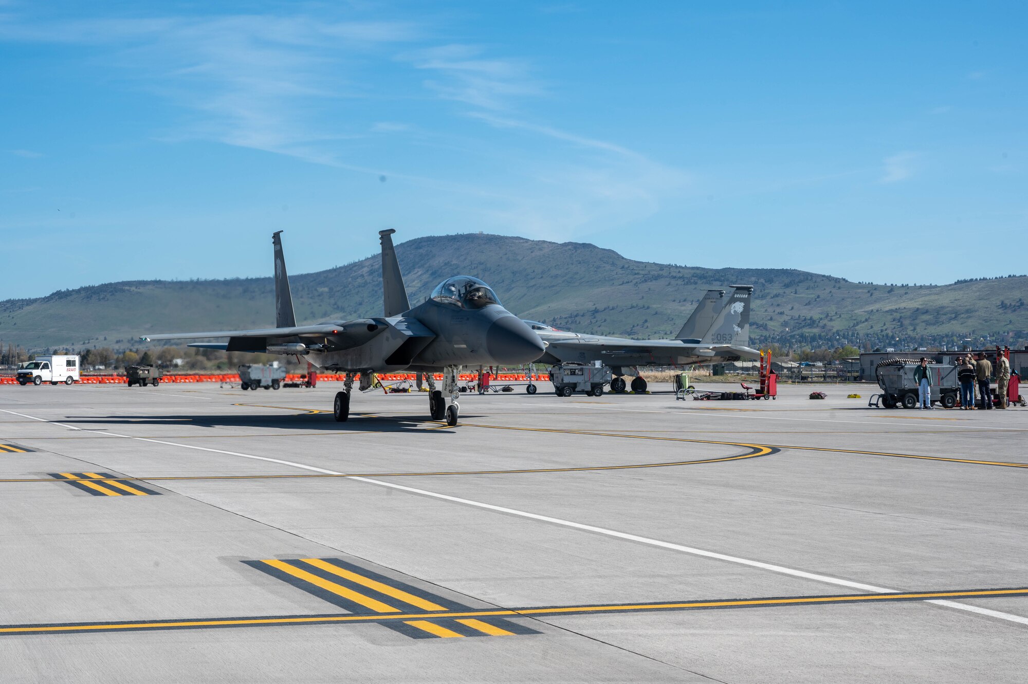 A U.S. Air Force F-15D Eagle assigned to the 173rd Fighter Wing taxis to the runway May 12, 2023, at Kingsley Field Air National Guard Base, Oregon.