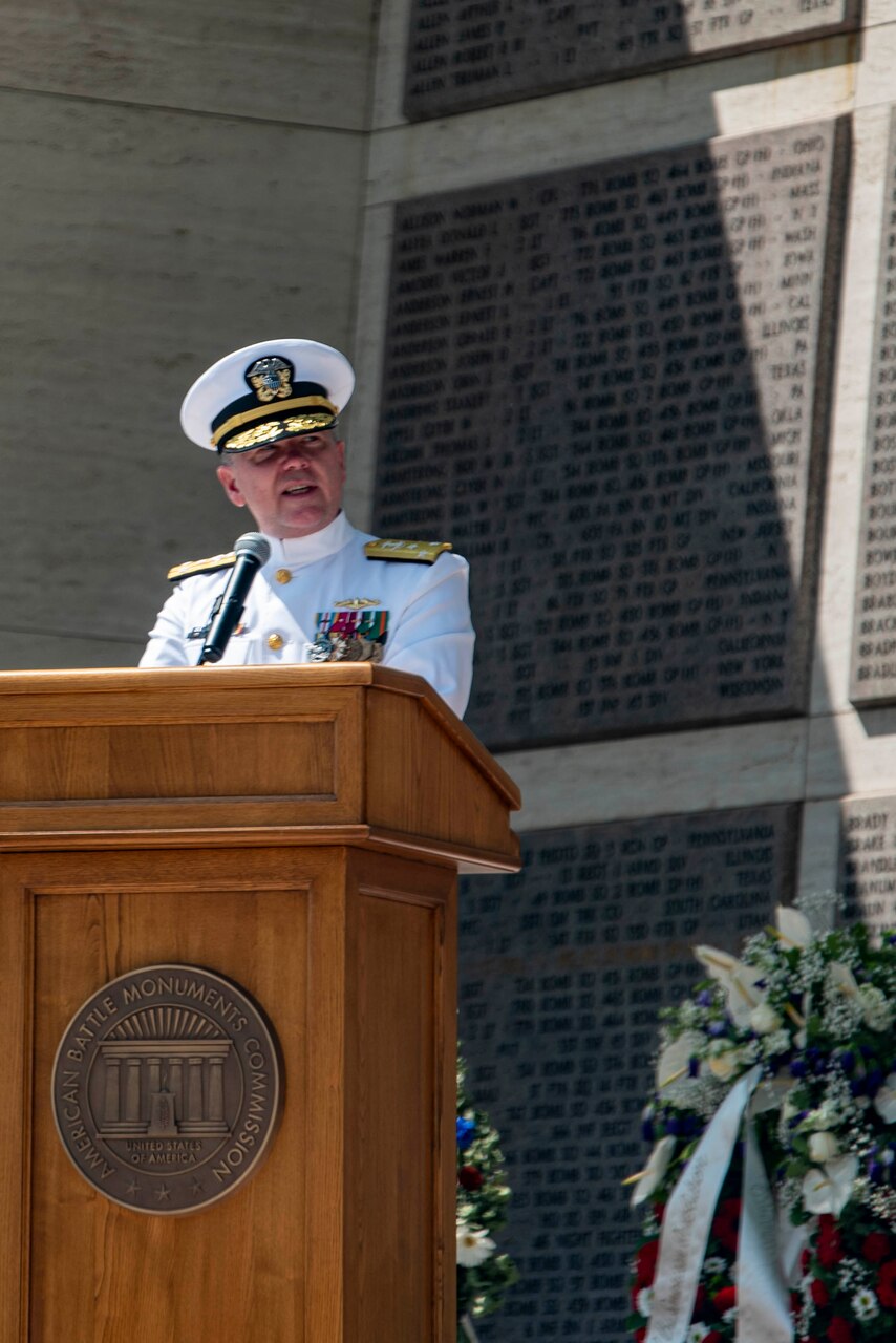 FLORENCE, Italy (May. 29, 2023) Vice Adm. Thomas E. Ishee, commander, U.S. Sixth Fleet and Naval Striking and Support Forces NATO, delivers remarks at a Memorial Day Ceremony at Florence American Cemetery. Admirals from U.S. Naval Forces Europe-Africa, U.S. Sixth Fleet, and EURAFCENT, traveled throughout Europe visiting American Battle Monuments Commission cemeteries to honor the lives and legacies of fallen U.S. and allied service members that paid the ultimate sacrifice in the service of their countries. Headquartered in Naples, Italy, NAVEUR-NAVAF operates U.S. naval forces in the U.S. European Command (USEUCOM) and U.S. Africa Command (USAFRICOM) areas of responsibility. U.S. Sixth Fleet is permanently assigned to NAVEUR-NAVAF, and employs maritime forces through the full spectrum of joint and naval operations.
