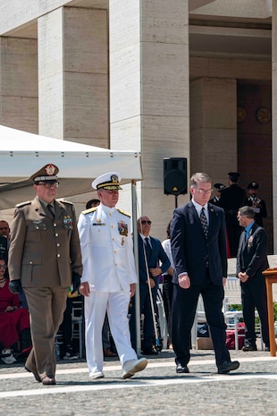 FLORENCE, Italy (May. 29, 2023) Vice Adm. Thomas E. Ishee, commander, U.S. Sixth Fleet and Naval Striking and Support Forces NATO, attend a wreath laying ceremony at a Memorial Day ceremony at Florence American Cemetery. Admirals from U.S. Naval Forces Europe-Africa, U.S. Sixth Fleet, and EURAFCENT, traveled throughout Europe visiting American Battle Monuments Commission cemeteries to honor the lives and legacies of fallen U.S. and allied service members that paid the ultimate sacrifice in the service of their countries. Headquartered in Naples, Italy, NAVEUR-NAVAF operates U.S. naval forces in the U.S. European Command (USEUCOM) and U.S. Africa Command (USAFRICOM) areas of responsibility. U.S. Sixth Fleet is permanently assigned to NAVEUR-NAVAF, and employs maritime forces through the full spectrum of joint and naval operations.