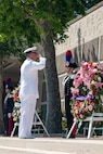 FLORENCE, Italy (May. 29, 2023) Vice Adm. Thomas E. Ishee, commander, U.S. Sixth Fleet and Naval Striking and Support Forces NATO, participates in a wreath laying ceremony at a Memorial Day Ceremony at Florence American Cemetery. Admirals from U.S. Naval Forces Europe-Africa, U.S. Sixth Fleet, and EURAFCENT, traveled throughout Europe visiting American Battle Monuments Commission cemeteries to honor the lives and legacies of fallen U.S. and allied service members that paid the ultimate sacrifice in the service of their countries. Headquartered in Naples, Italy, NAVEUR-NAVAF operates U.S. naval forces in the U.S. European Command (USEUCOM) and U.S. Africa Command (USAFRICOM) areas of responsibility. U.S. Sixth Fleet is permanently assigned to NAVEUR-NAVAF, and employs maritime forces through the full spectrum of joint and naval operations.