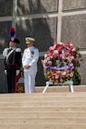 FLORENCE, Italy (May. 29, 2023) Vice Adm. Thomas E. Ishee, commander, U.S. Sixth Fleet and Naval Striking and Support Forces NATO, participates in a wreath laying ceremony at a Memorial Day Ceremony at Florence American Cemetery. Admirals from U.S. Naval Forces Europe-Africa, U.S. Sixth Fleet, and EURAFCENT, traveled throughout Europe visiting American Battle Monuments Commission cemeteries to honor the lives and legacies of fallen U.S. and allied service members that paid the ultimate sacrifice in the service of their countries. Headquartered in Naples, Italy, NAVEUR-NAVAF operates U.S. naval forces in the U.S. European Command (USEUCOM) and U.S. Africa Command (USAFRICOM) areas of responsibility. U.S. Sixth Fleet is permanently assigned to NAVEUR-NAVAF, and employs maritime forces through the full spectrum of joint and naval operations.