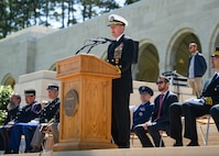 ROMAGNE-SOUS-MONTFAUCON, France (May 28, 2023) – U.S. Navy Adm. Stuart B. Munsch, commander for the U.S. Naval Forces Europe – Africa and Allied Joint Force Command Naples, provide remarks during the Meuse-Argonne American Cemetery ceremony in Romagne-sous-Montfaucon, France, May 28, 2023. Admirals from the U.S. Naval Forces Europe-Africa, U.S. Sixth Fleet, and Navy Region Europe, Africa, Central traveled throughout Europe visiting American Battle Monuments Commission cemeteries to honor the lives and legacies of fallen U.S. and Allied service members who paid the ultimate price through servicing their countries. Headquarters in Naples, Italy, NAVEUR-NAVAF operates U.S. naval forces in the U.S. European Command and U.S. Africa Command area of responsibility. U.S. Sixth Fleet is permanently assigned to NAVEUR-NAVAF and employs maritime forces through the full spectrum of joint and naval operations.
