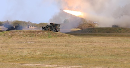 U.S. Army crew with the 1-182nd Field Artillery Regiment Michigan National Guard, fire a rocket with the M142 High Mobility Artillery Rocket System into the Baltic Sea at Skede, Latvia, May 13, 2023. The Soldiers participated in a live fire event in support of the Defender 23 exercise to build readiness and interoperability between U.S., NATO allies and partners.