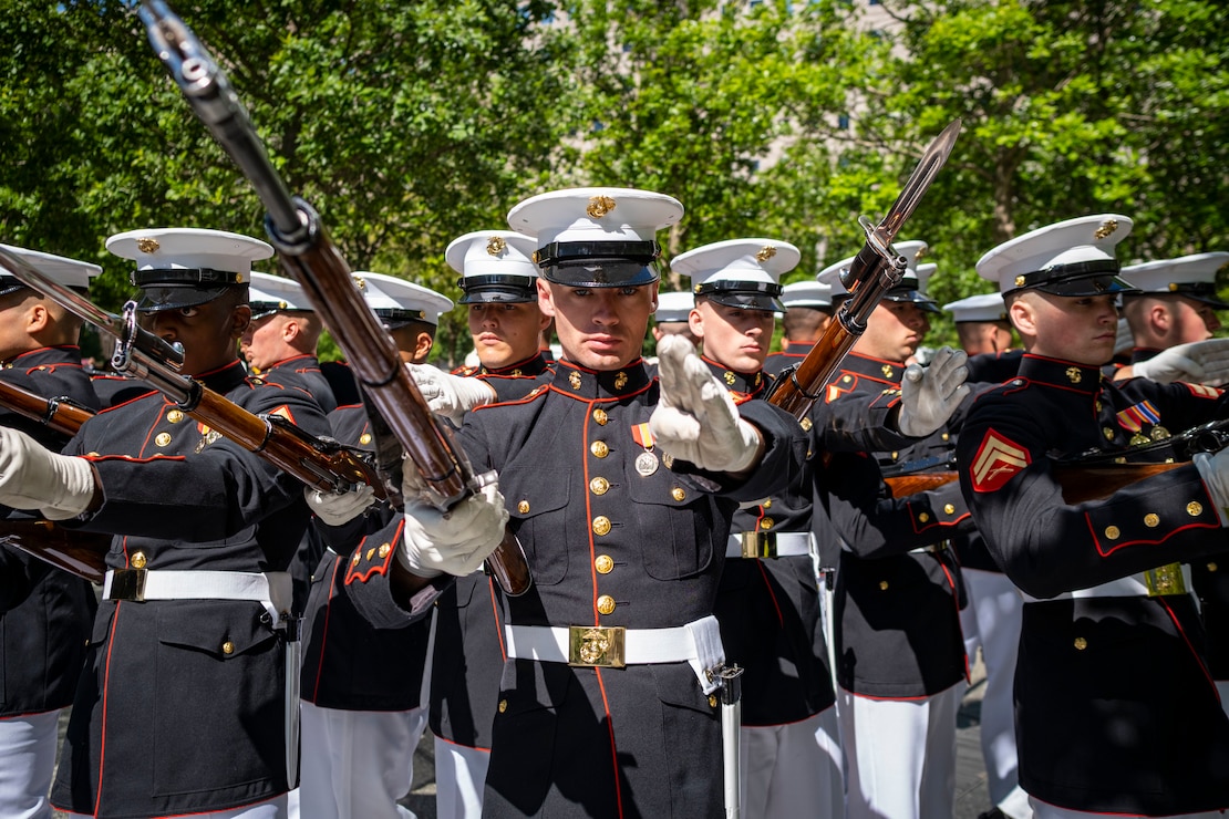 Marines with the Silent Drill Platoon execute their “bursting Bomb” sequence during a performance at fleet week in New York on May 25, 2023. Now in its 35th year, Fleet Week New York offers people in the tri-state area an unparalleled opportunity to meet U.S. Navy sailors, Marines, and U.S. Coast Guard members and learn about the latest maritime capabilities.