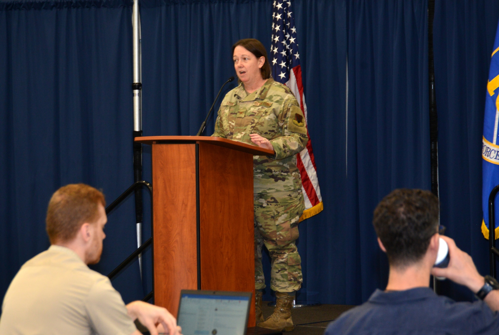 Col. Melissa Stone, 16th Air Force, deputy commander, discusses exercise goals at the Cyber Coalition 2023 Mid Planning Conference May 16, 2023 at San Antonio, Texas.