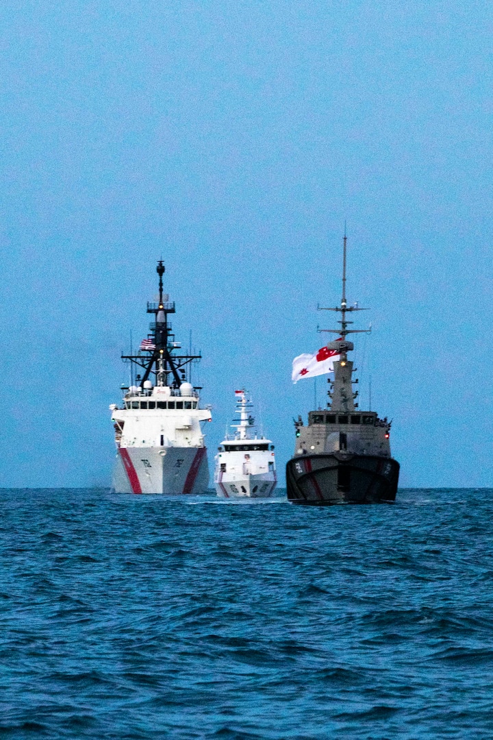 U.S. Coast Guard Cutter Stratton (WMSL 752) conducts passing exercises with the Indonesian Maritime Security Agency patrol boat KN Belut Laut-406 and Republic of Singapore Navy MSRV Bastion on May 22, 2023. Stratton deployed to the Western Pacific to conduct engagements with regional allies and partner nations, reinforcing rules-based order in the maritime domain. (U.S. Coast Guard photo by Chief Petty Officer Brett Cote)
