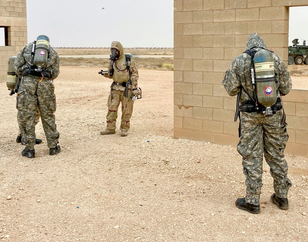U.S. Army Soldiers and Kingdom of Saudi Arabia Soldiers practice using their Chemical Biological, Radiological and Nuclear (CBRN) equipment for the CBRN training portion of Field Training Exercise for Eagle Resolve 23, May 29, 2023, in the Kingdom of Saudi Arabia. Eagle Resolve is a Combined Joint All-Domain exercise which improves interoperability on land, in the air, at sea, in space, and in cyberspace with the U.S. military and partner nations, enhances the ability to respond to contingencies, and underscores USCENTCOM's commitment to the Middle East.