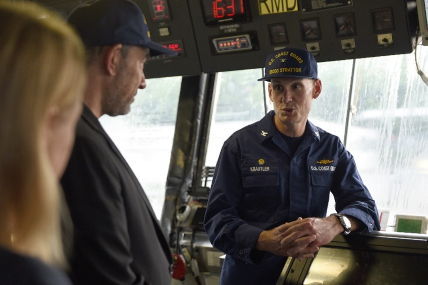 Capt. Brian Krautler, commanding officer, U.S. Coast Guard Cutter Stratton (752) hosts U.S. Ambassador to Singapore, the Honorable Jonathan Kaplan, during a tour of the ship’s pilot house on May 17, 2023. Stratton made a port visit to Singapore while operating under U.S. 7th Fleet command while engaging with partner nations and allies for the promotion of a rules-based order in the maritime domain.(U.S. Coast Guard photo by Petty Officer 2nd Class Michael Clark)