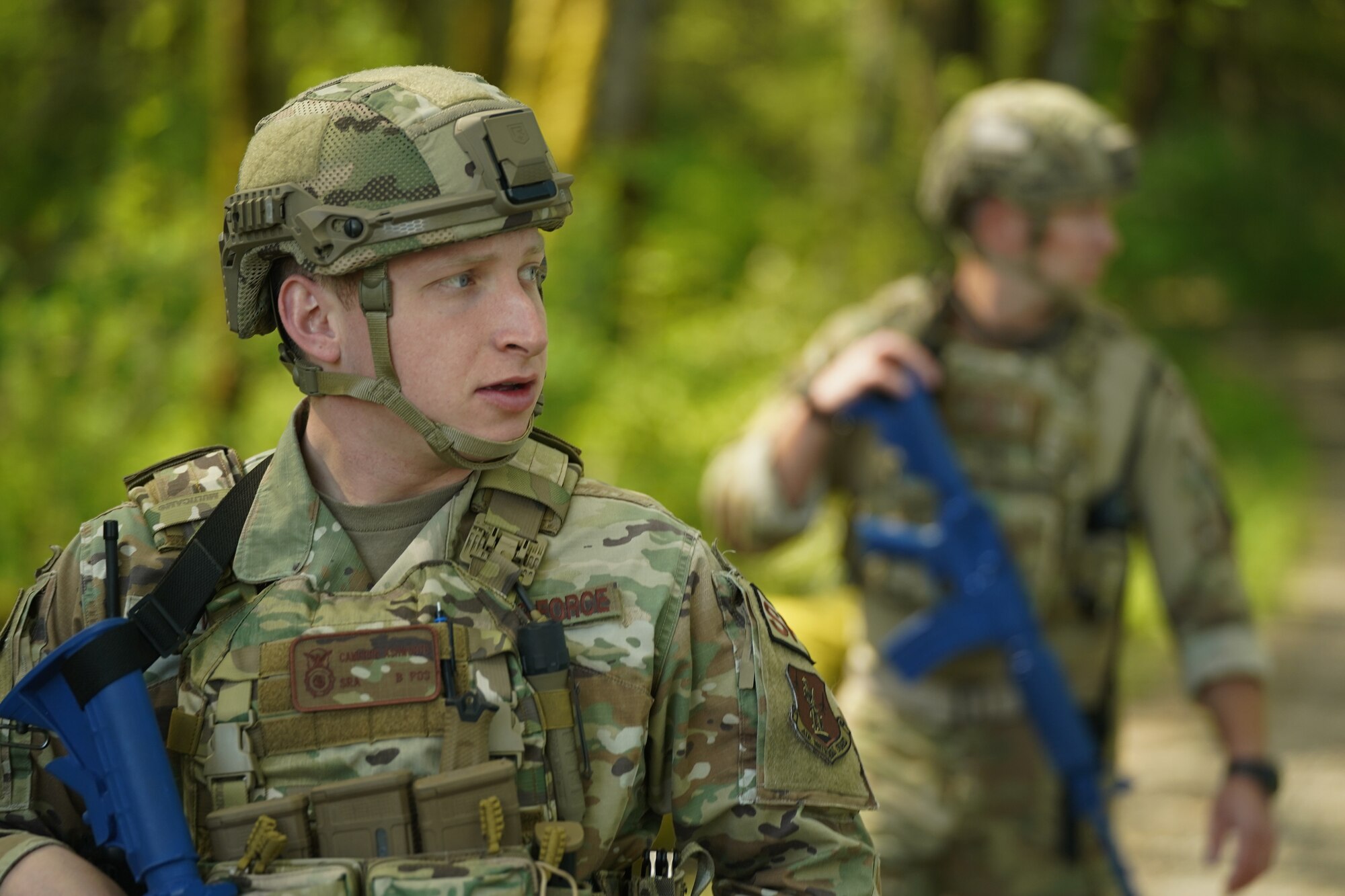 Senior Airman Cameron Ashworth, 194th Security Forces Squadron, patrols Camp Murray, Wash., during Exercise Phoenix Dawn May 9, 2023. The large-scale readiness exercise validated the wing’s ability to generate, employ and sustain combat power to combatant commanders.
