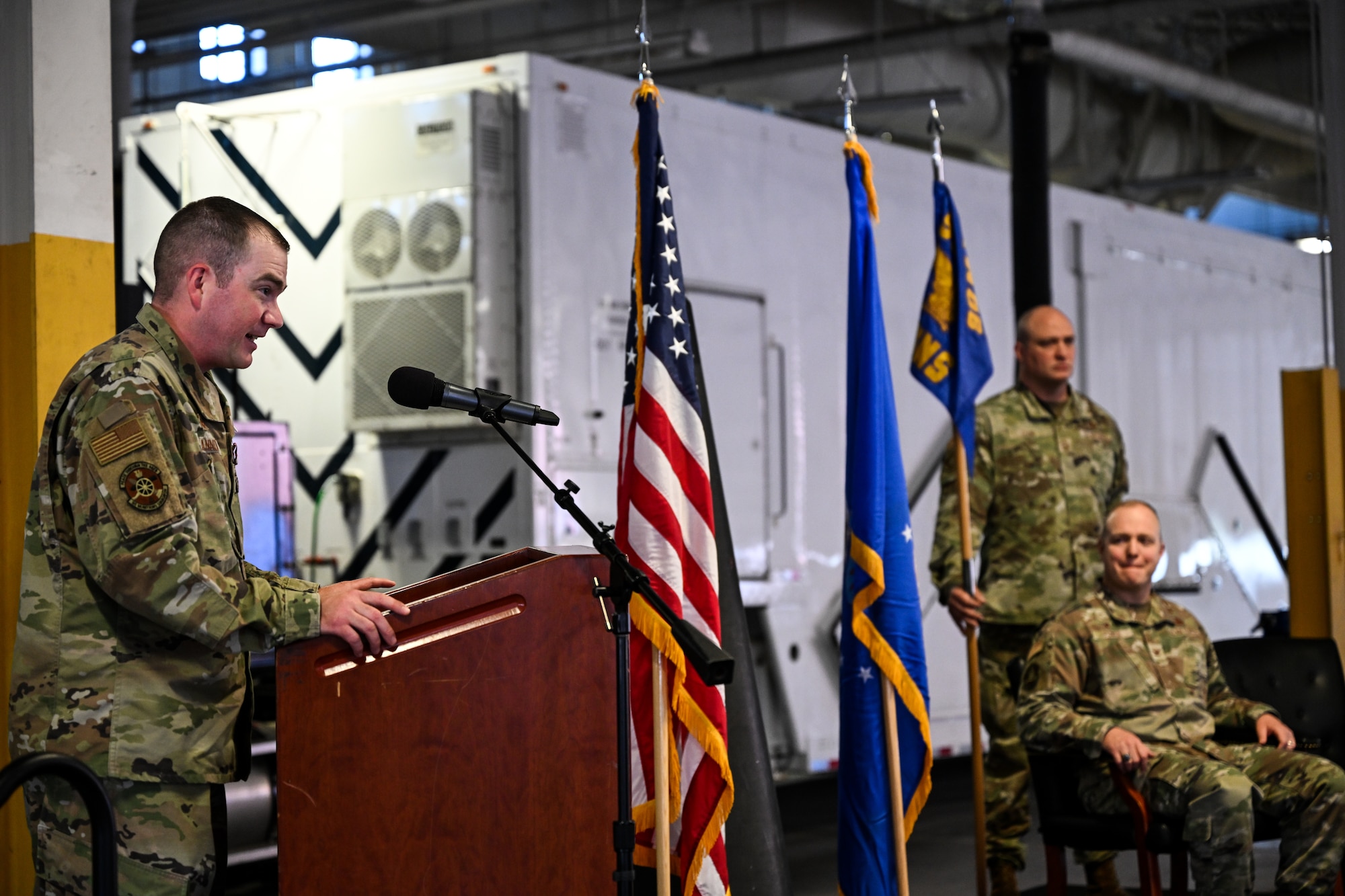 Maj. Kevin Shannon, 90th Munitions Squadron outgoing commander, shares final remarks during the 90 MUNS Change of Command Ceremony on F.E. Warren Air Force Base, Wyoming, May 30, 2023. A change of command represents a formal transfer of authority and responsibility from the outgoing commander to the incoming commander. (U.S. Air Force photo by Joseph Coslett Jr.)