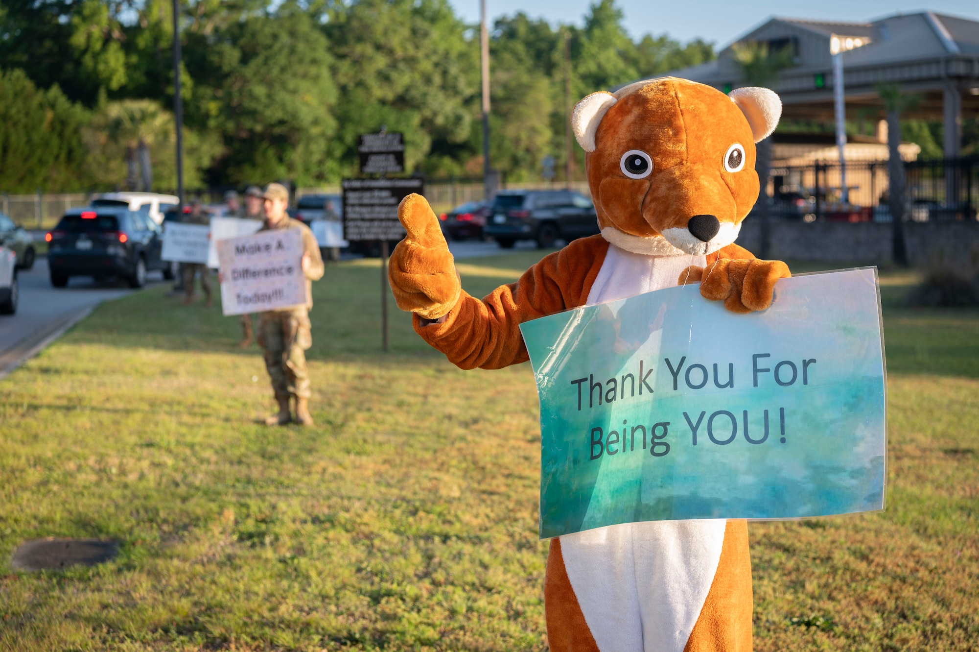 A U.S. Airman wears a Shaw Weasel costume to contribute to the Inspire Shaw campaign at Shaw Air Force Base, S.C., May 1, 2023. The Inspire Shaw is intended to remind Airmen of how they enable the combat mission and their value to Team Shaw. (U.S. Air Force photo by Senior Airman Isaac Nicholson)