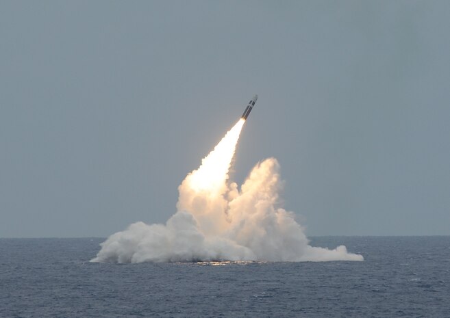 An unarmed Trident II D5 missile launches from the Ohio-class ballistic missile submarine USS Maryland (SSBN 738) off the coast of Florida. The test launch was part of the U.S. Navy Strategic Systems Program’s 27th Demonstration and Shakedown Operation (DASO-27) certification process. The successful DASO launch certified the readiness of the SSBN crew and the operational performance of the submarine’s strategic weapons system before returning to operational availability