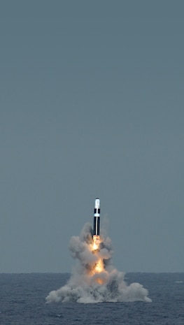 An unarmed Trident II D5 missile launches from the Ohio-class ballistic missile submarine USS Maryland (SSBN 738) off the coast of Florida. The test launch was part of the U.S. Navy Strategic Systems Program’s 27th Demonstration and Shakedown Operation (DASO-27) certification process. The successful DASO launch certified the readiness of the SSBN crew and the operational performance of the submarine’s strategic weapons system before returning to operational availability.