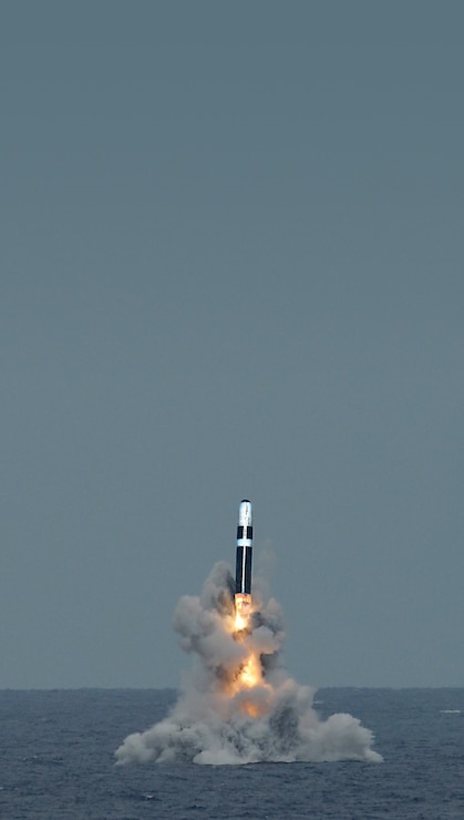 An unarmed Trident II D5 missile launches from the Ohio-class ballistic missile submarine USS Maryland (SSBN 738) off the coast of Florida. The test launch was part of the U.S. Navy Strategic Systems Program’s 27th Demonstration and Shakedown Operation (DASO-27) certification process. The successful DASO launch certified the readiness of the SSBN crew and the operational performance of the submarine’s strategic weapons system before returning to operational availability.