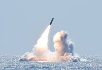 An unarmed Trident II D5 missile launches from the Ohio-class ballistic missile submarine USS Nebraska (SSBN 739) off the coast of California. The test launch was part of the U.S. Navy Strategic Systems Program’s demonstration and shakedown operation (DASO) 28. The successful launch certified the readiness of the SSBN crew and the operational performance of the submarine’s strategic weapons system before returning to operational availability.