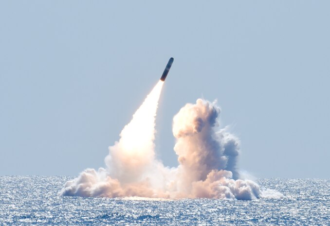 An unarmed Trident II D5 missile launches from the Ohio-class ballistic missile submarine USS Nebraska (SSBN 739) off the coast of California. The test launch was part of the U.S. Navy Strategic Systems Program’s demonstration and shakedown operation (DASO) 28. The successful launch certified the readiness of the SSBN crew and the operational performance of the submarine’s strategic weapons system before returning to operational availability.