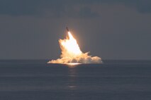 An unarmed Trident II D5LE missile launches from the Ohio-class ballistic missile submarine USS Wyoming (SSBN 742) off the coast of Cape Canaveral, Florida, during Demonstration and Shakedown Operation (DASO) 31. This launch was part of the U.S. Navy Strategic Systems Program’s DASO certification process. The primary objective of DASO is to evaluate and demonstrate the readiness of the SSBN’s Strategic Weapon System (SWS) and crew before operational deployment following the submarine’s engineered refueling overhaul.