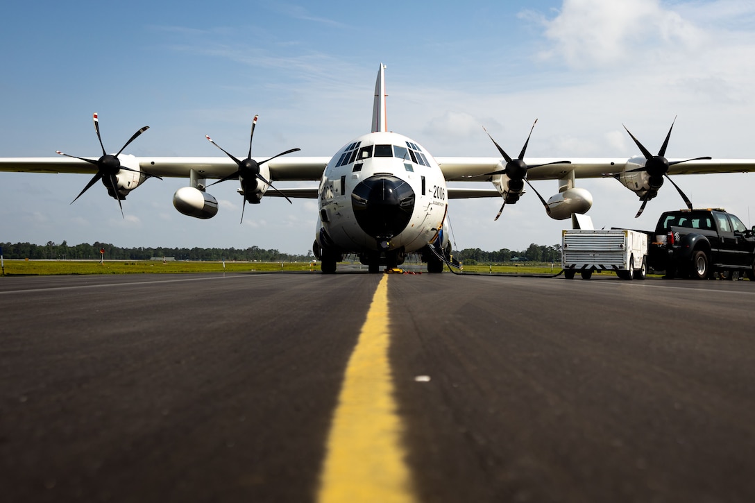 An HC-130J aircraft containing the Minotaur Mission System prepares to depart from Marine Corps Air
Station New River, North Carolina, May 23, 2023. Coast Guardsmen delivered the Minotaur system to II
Marine Expeditionary Force officials in order to enhance maritime domain awareness within the Fleet
Marine Force. (U.S. Marine Corps photo by Lance Cpl. Noah Seal)