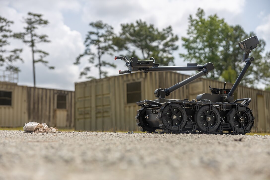 A man transportable robotic system during the Explosive Ordnance Disposal (EOD) operates through various tasks during the Team of the Year Competition on Camp Lejeune, North Carolina, May 23, 2023.   Marines of 8th Engineer Support Battalion hosted the joint competition of EOD teams from across the east coast, in order to test individual and team skills while enhancing camaraderie and Esprit de Corps across the EOD community. (U.S. Marine Corps photo by Lance Cpl. Christian Salazar)