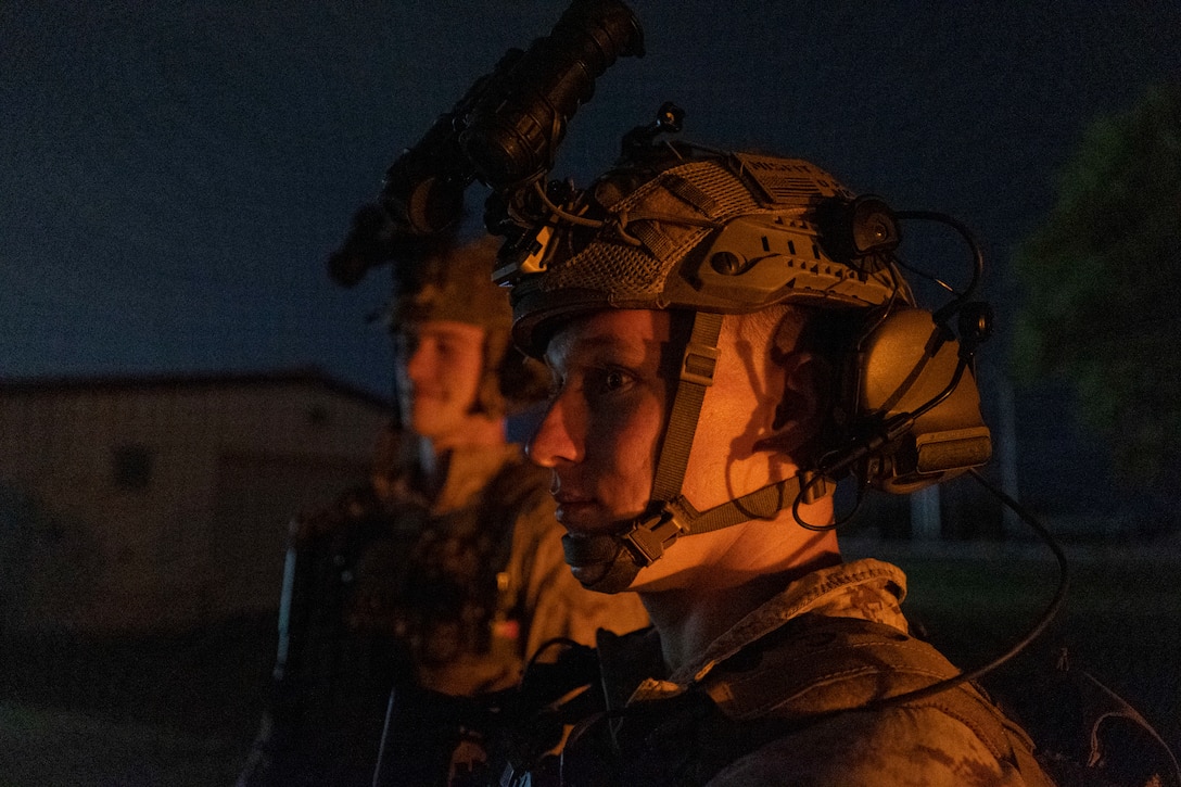 An MV-22 Osprey assigned to the 26th Marine Expeditionary Unit prepares to land prior to conducting a raid during Exercise Trident 23-4 at Joint Expeditionary Base Little Creek-Fort Story, Virginia, May 20, 2023.