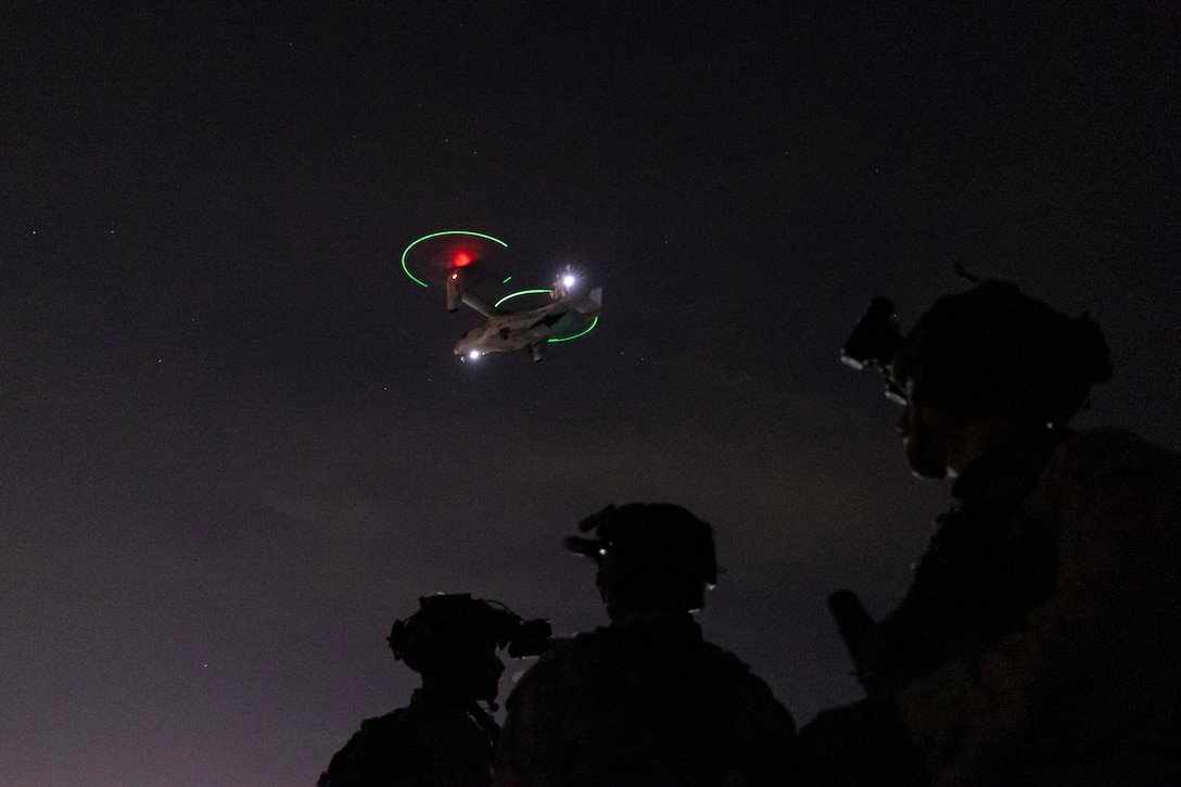 An MV-22 Osprey assigned to the 26th Marine Expeditionary Unit prepares to land prior to conducting a raid during Exercise Trident 23-4 at Joint Expeditionary Base Little Creek-Fort Story, Virginia, May 20, 2023.