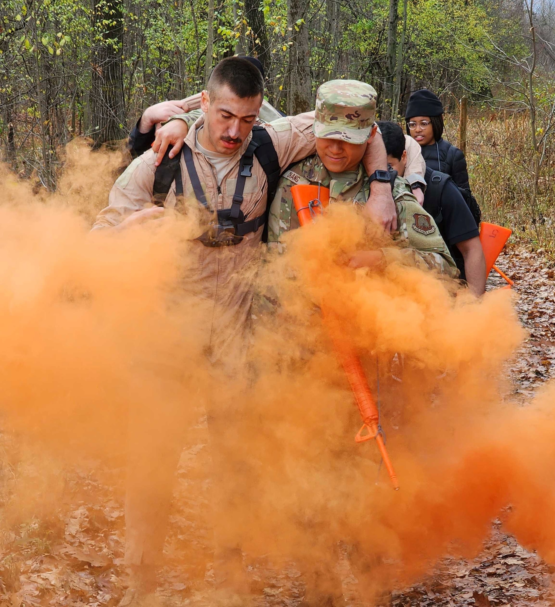 Air Force ROTC cadets conduct a ground field training exercise at the Rochester Institute of Technology Operations Center Training facility in Rochester, New York, on April 22, 2023. Cadets simulated rescuing a surviving State Department worker from enemy territory.