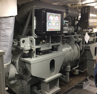 The Secretary of the Navy (SECNAV) recently recognized Naval Surface Warfare Center, Philadelphia Division (NSWCPD) with a 2022 SECNAV Energy Award in the Technology Development & Acquisition category for its High Efficiency Super-Capacity (HES-C) chiller, seen here on USS John P. Murtha (LPD 26). The HES-C chiller is currently being fielded on all new construction amphibious transport dock, destroyer (DDG), and Constellation-class frigate hulls. It is also being targeted for modernization efforts on DDG Flight (FLT) IIa and amphibious assault ship hulls during their midlife availabilities. (U.S. Navy Photo by Kevin Wiley/Released)