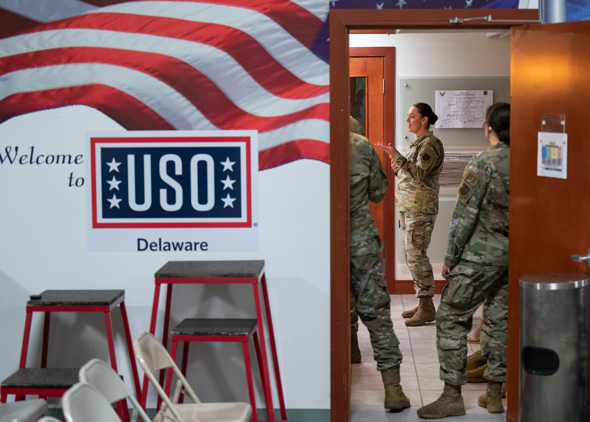 An Airman stands in the doorway of the USO.