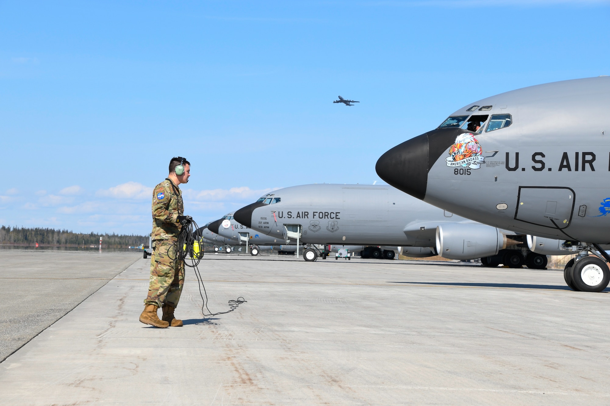 Staff Sgt. David Thurman, a crew chief with the 168th Wing, Alaska Air National Guard, prepares to send off a KC-135 Stratotanker pilot at Eielson Air Force Base. The Alaska Air National Guard KC-135s provide air refueling, joint force lethality, and deter aggression across the Pacific. (U.S. Air National Guard photo by Senior Master Sgt. Julie Avey)