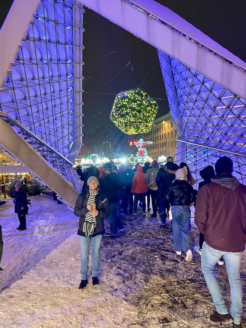 Dawn Gettys, then-liaison officer for Defense Logistics Agency Support Team – North, poses for a photo at a Christmas market in downtown Poznań, Poland. Gettys served on DST – North from October 2022 – March 2023. During her free time, she was able to explore several different cities, taking in unique customs and culture.