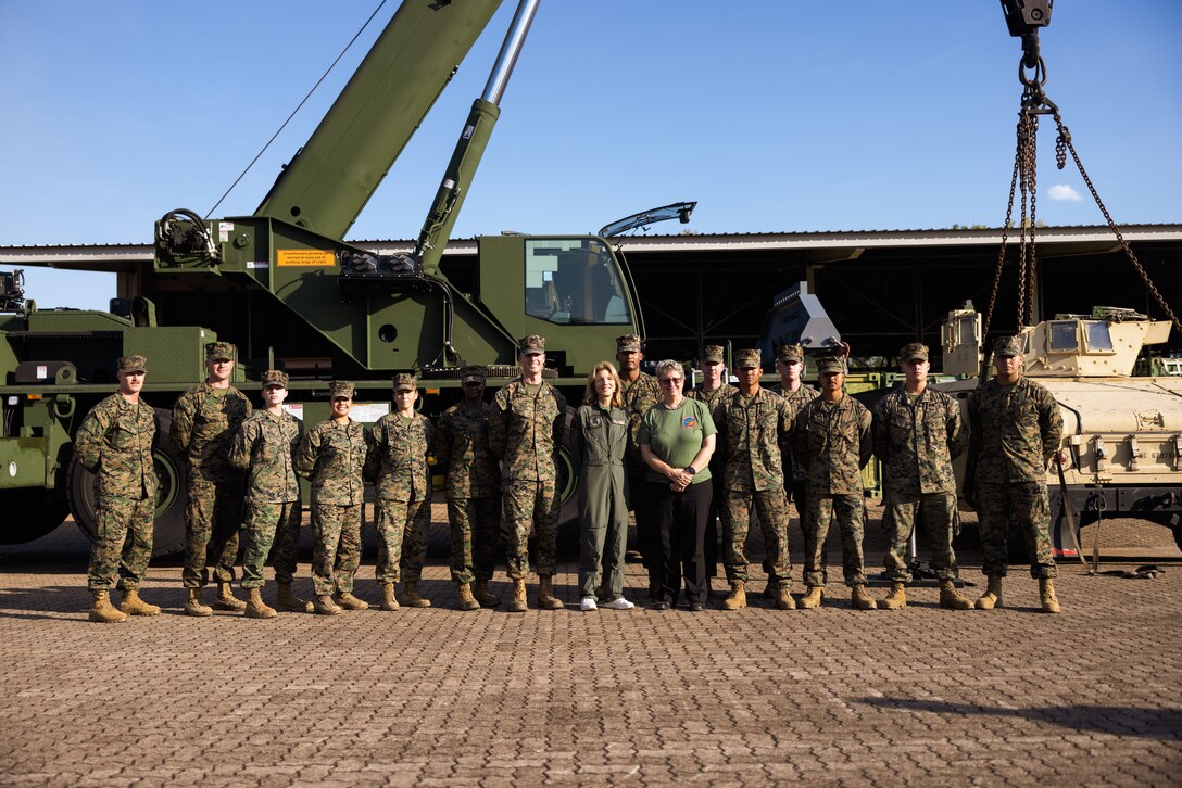 Ambassador Caroline Kennedy, 27th U.S. Ambassador to Australia, poses with U.S. Marines with Combat Logistics Battalion 1 (Reinforced), Marine Rotational Force – Darwin 23 on Robertson Barracks, Northern Territory, Australia, May 17, 2023. Working alongside Australian Allies, MRF-D is postured and ready to respond to crisis and contingency in the region, contributing to a safe and prosperous Indo-Pacific. (U.S. Marine Corps photo by Lance Cpl. Brayden Daniel)