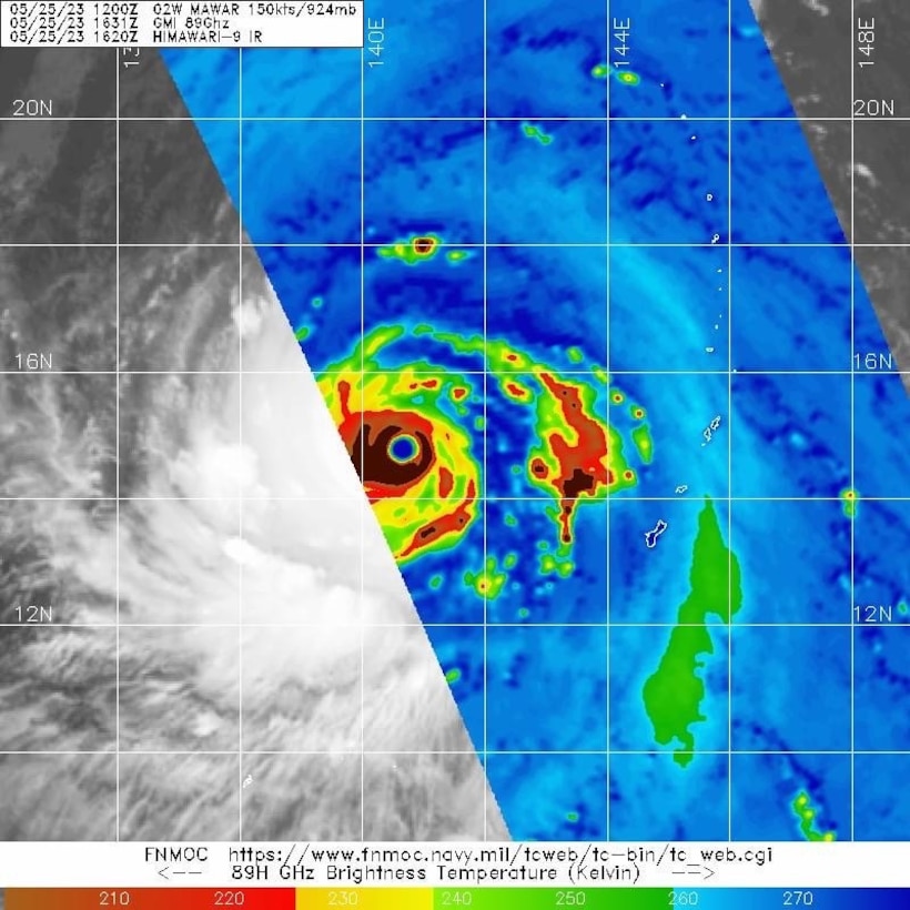 Recently, U.S. Naval Meteorology and Oceanography Command’s (Naval Oceanography) Joint Typhoon Warning Center (JTWC) tracked Super Typhoon 02W (MAWAR) through the Western Pacific as the storm reached historic proportions.
MAWAR’s peak intensity was reported to have reached upwards of 160ktnots (184 mph). In times of severe and impactful weather hazards due to tropical cyclones, JTWC plays a vital role in protecting the Navy; Ships and Sailors alike.