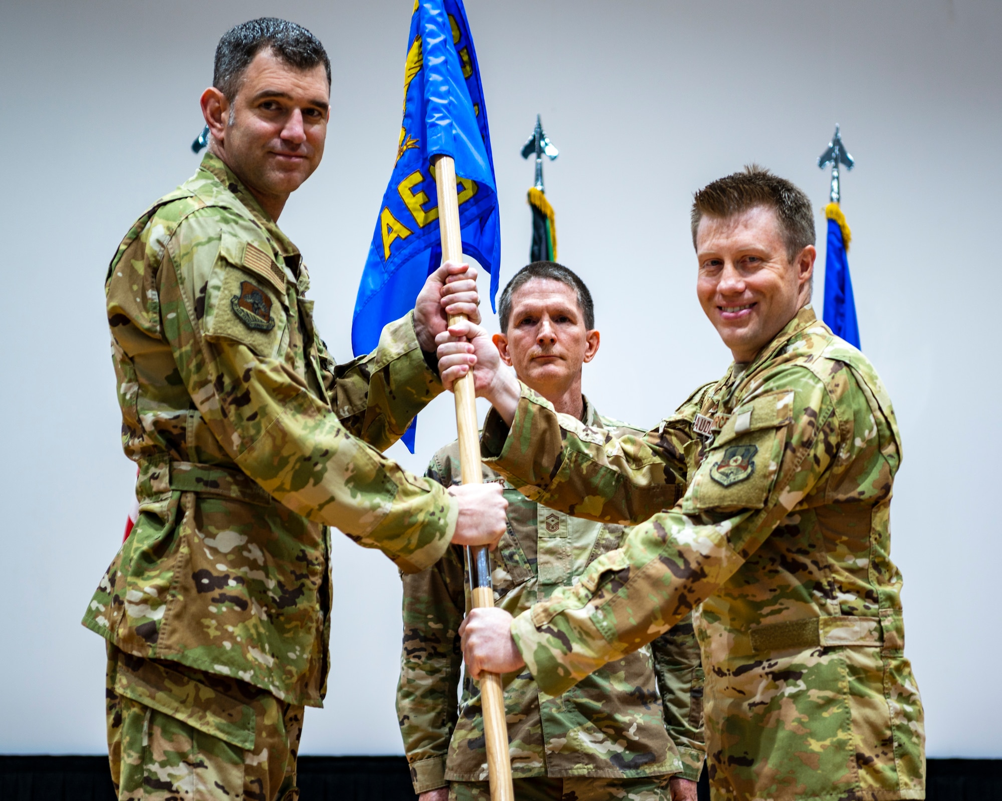 U.S. Air Force members participate in a change of command ceremony.