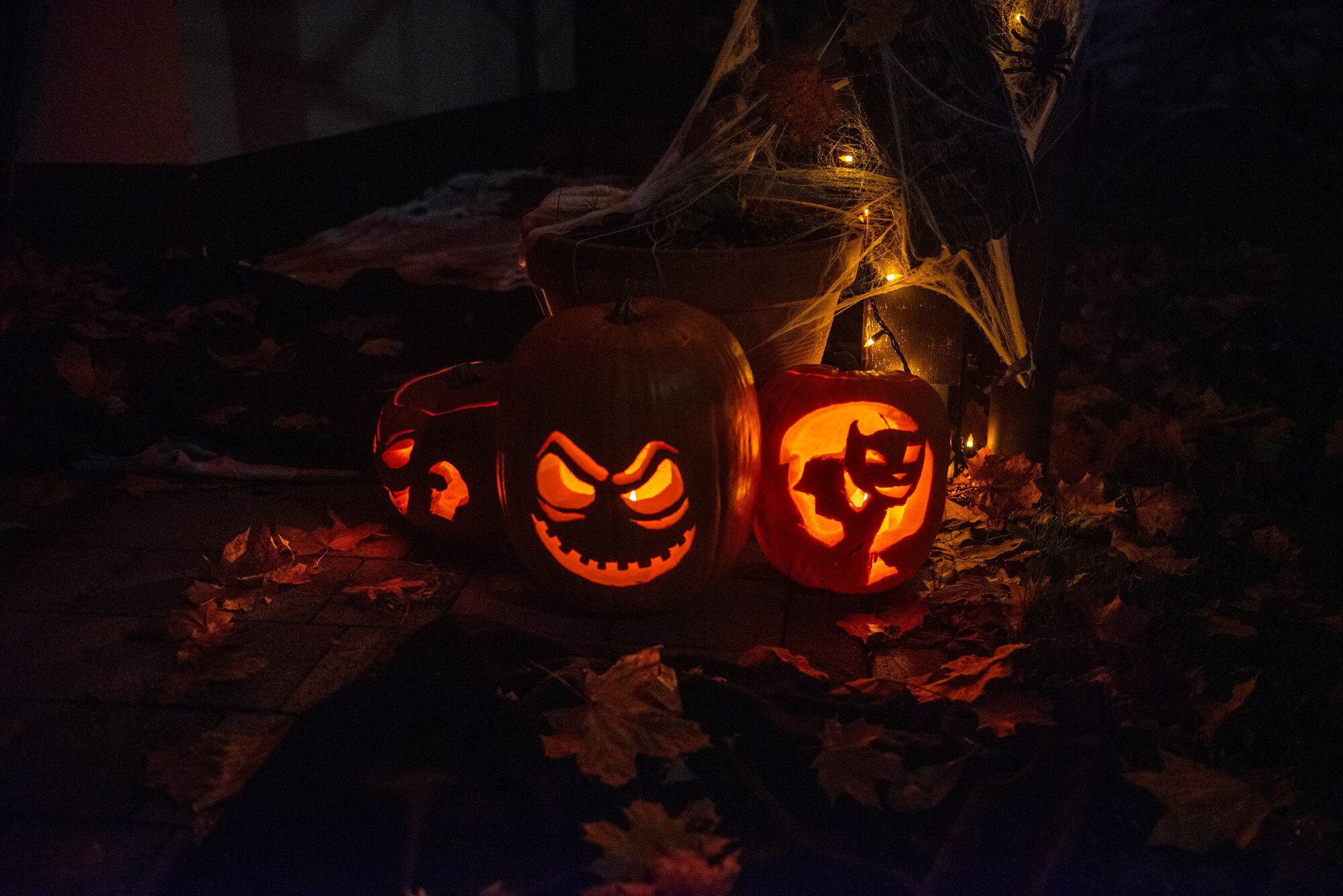 Carved pumpkins are displayed.