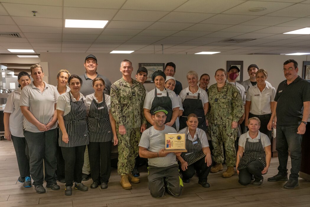 Minoan Taverna employees and Sailors, assigned to Naval Support Activity Souda Bay, receive a Commander, Navy Installations Command Five Star Accreditation Award on Oct. 27, 2023. The award, for fiscal year 2023, recognized the Minoan Taverna staff for their continuous excellence in food service.