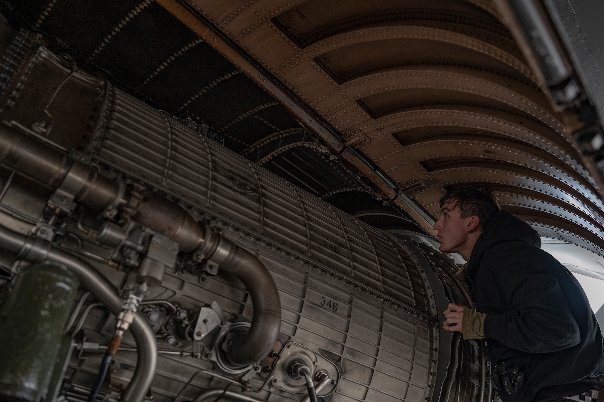 Staff Sgt. Thomas Marbut, 9th Expeditionary Bomb Squadron deployed engine manager, performs a rapid engine change at RAF Fairford, United Kingdom, Nov. 1, 2023. Our ability to quickly respond and assure Allies and Partners rests upon the fact that we are here, in Europe, forward and ready. (U.S. Air Force Photo by Senior Airman Ryan Hayman)