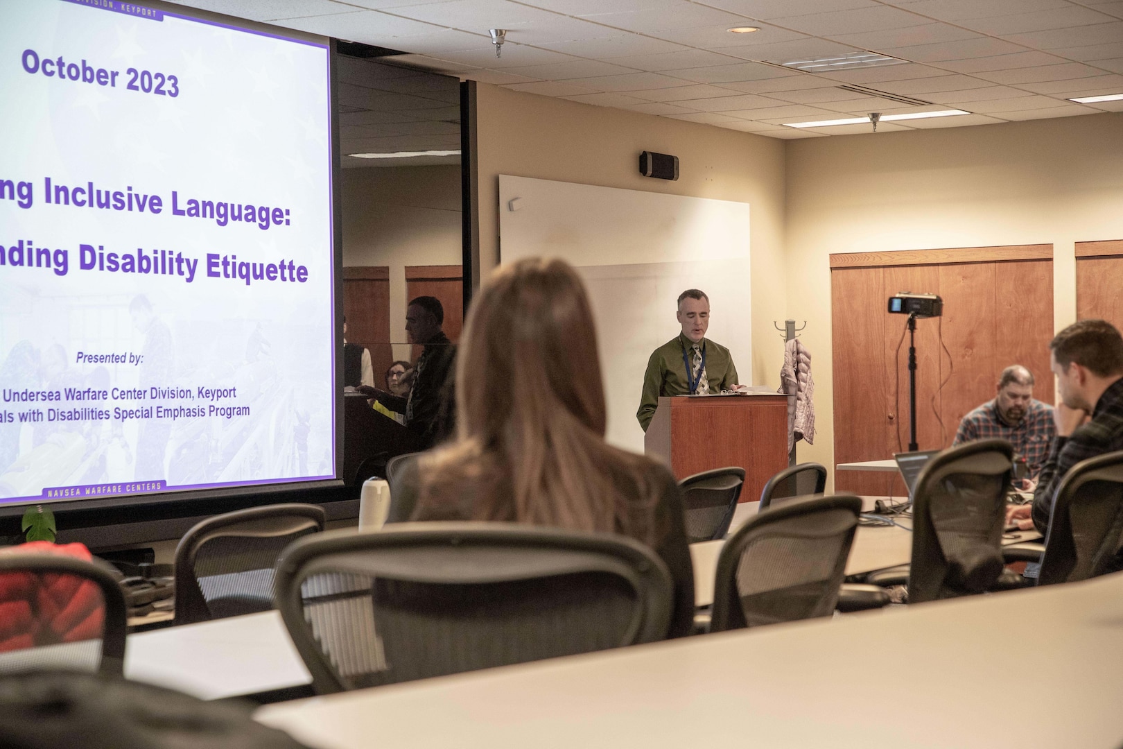 Naval Undersea Warfare Center Division, Keyport Acting Technical Director Darren Barnes delivers opening remarks during the command’s 2023 National Disability Employment Awareness Month observance, Oct. 24.