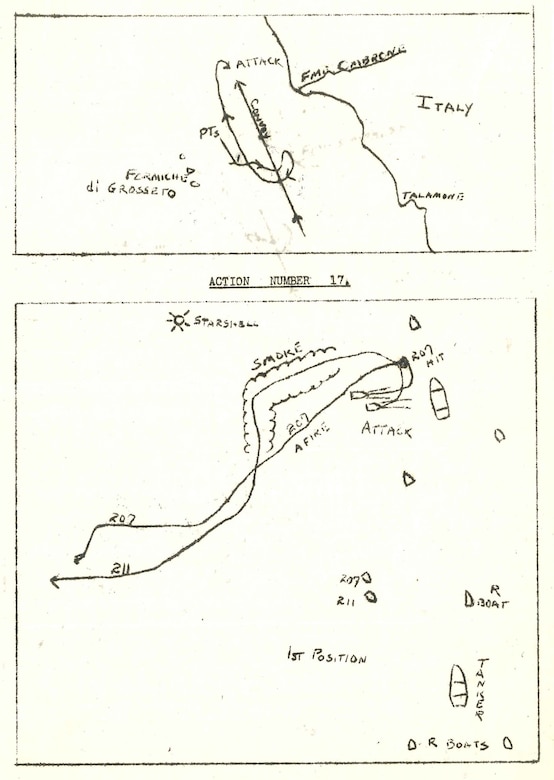 An eight-and-a-half by eleven inch piece of cream-colored paper with two hand-drawn sketches in black ink depicting the squadron’s surface actions against German vessels in early November 1943.