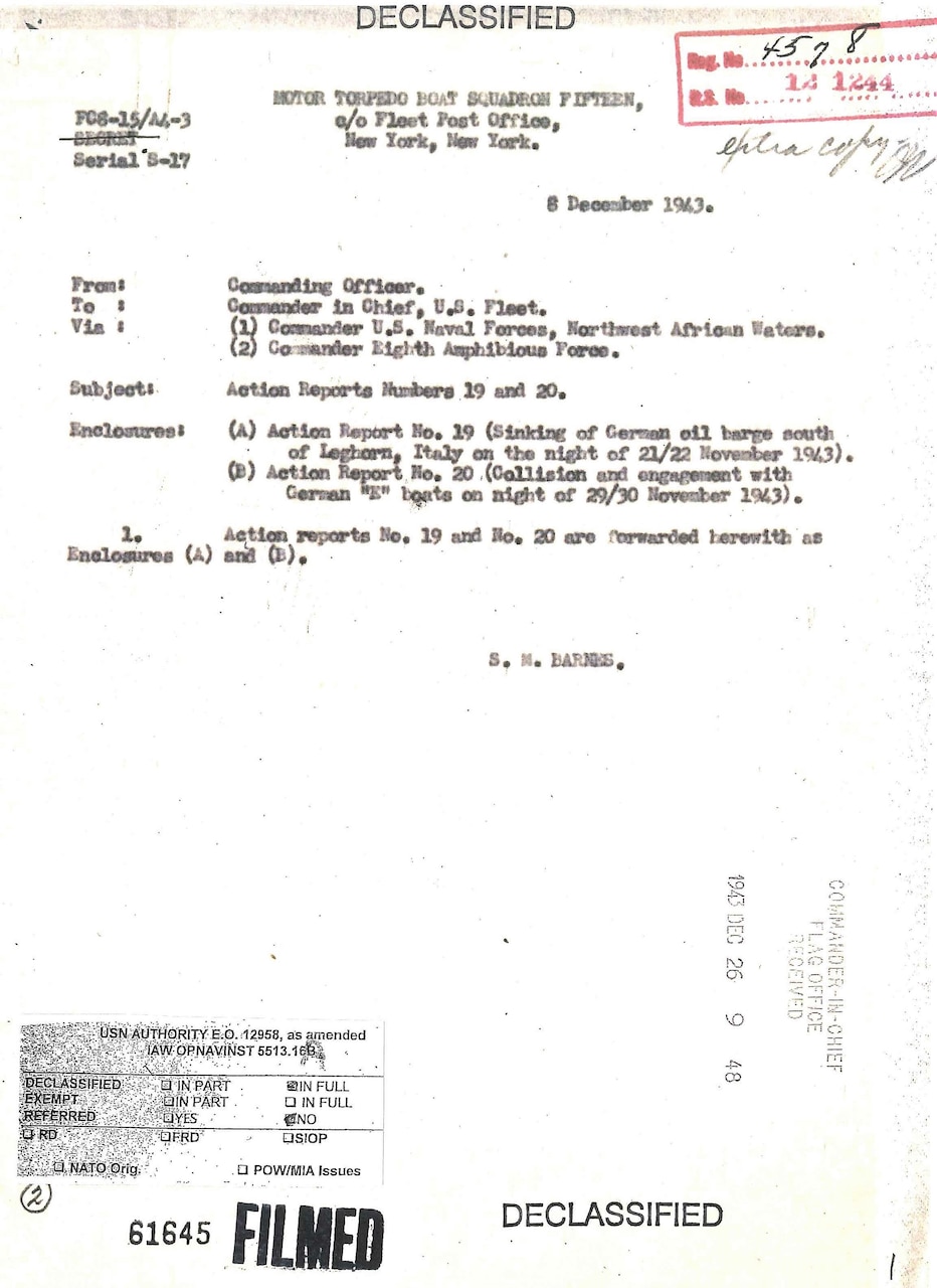 An eight-and-a-half by eleven inch piece of cream-colored paper with mostly typewritten text in black-colored ink by the squadron’s commander to the Chief of Naval Operations/Commander in Chief, U.S. Fleet of the submission of his after action reports, numbers nineteen and twenty, of late November 1943.