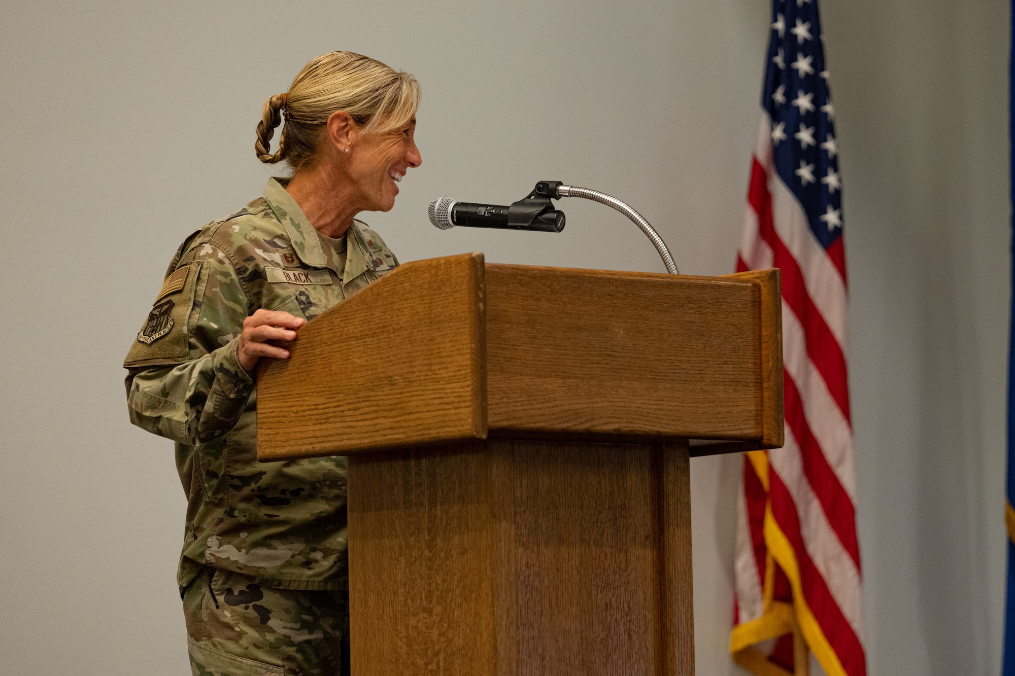 U.S. Air Force Col. Allison Black, 1st Special Operations Wing commander, gives remarks at the 1st Special Operations Theater Air Operations Squadron activation ceremony at Hurlburt Field, Florida, Oct. 18, 2023.