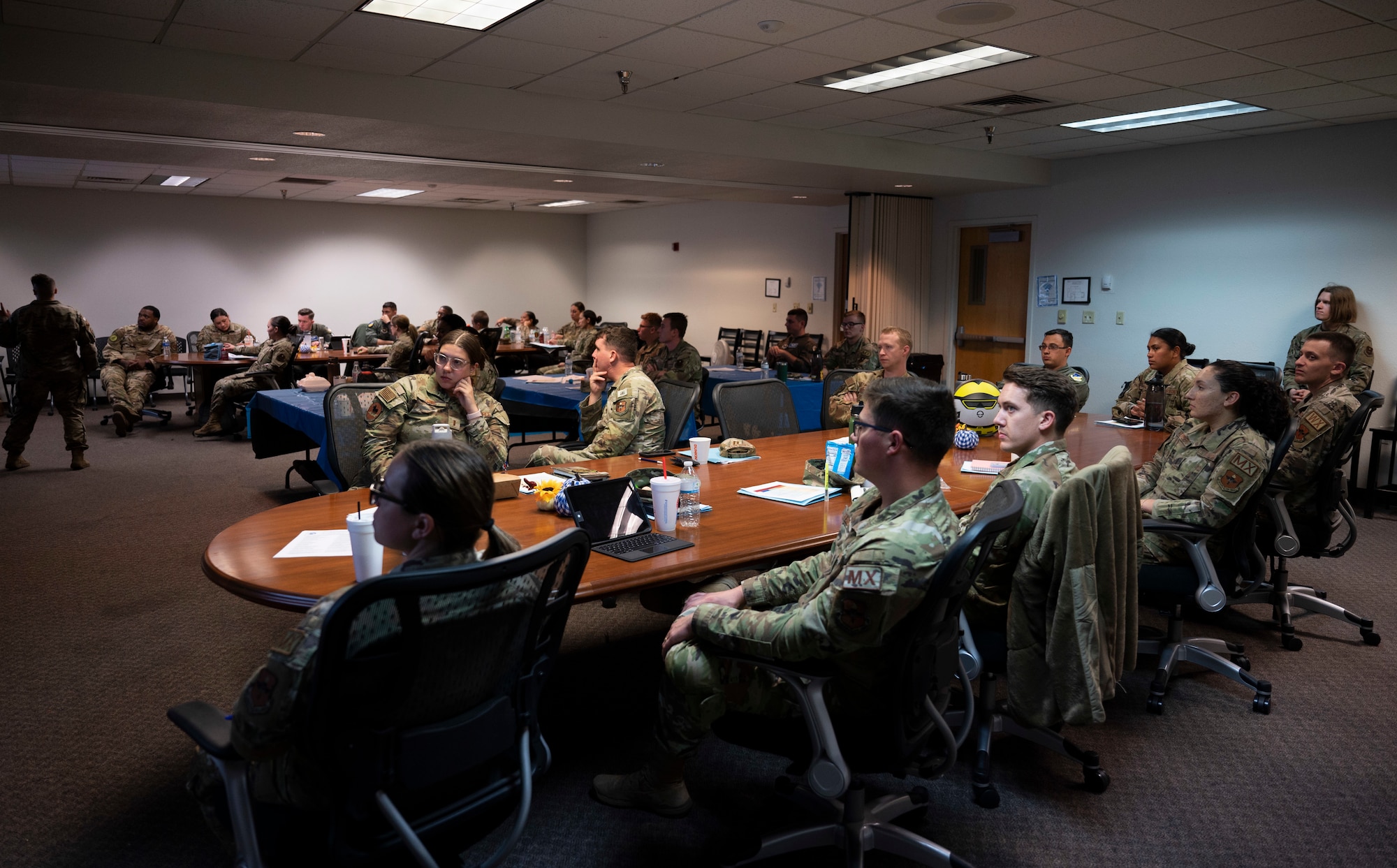 Senior noncommissioned officers and company-grade officers participated in various briefings during a flight leadership course at Holloman Air Force Base, New Mexico, Oct. 26, 2023. The course is tailored for flight-level leaders so they can build skills and responsibilities they will use in their respective leadership roles within their career fields. (U.S. Air Force photo by Airman 1st Class Michelle Ferrari)