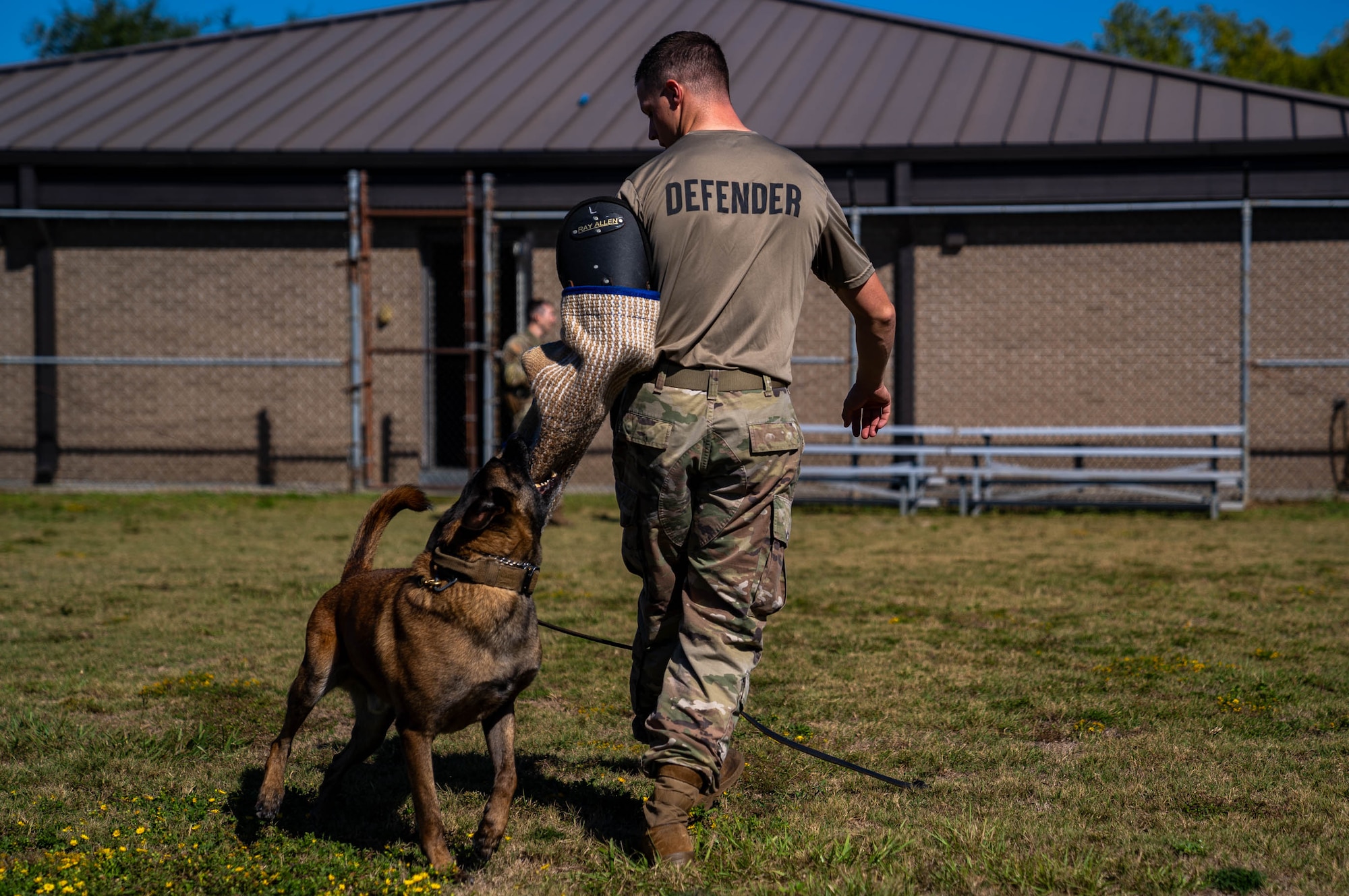 U.S. Air Force Airman 1st Class Bret Mixson, 81st Security Forces Squadron military working dog handler, and Rufus, 81st SFS MWD, train in the obedience yard at Keesler Air Force Base, Mississippi, Oct. 20, 2023.