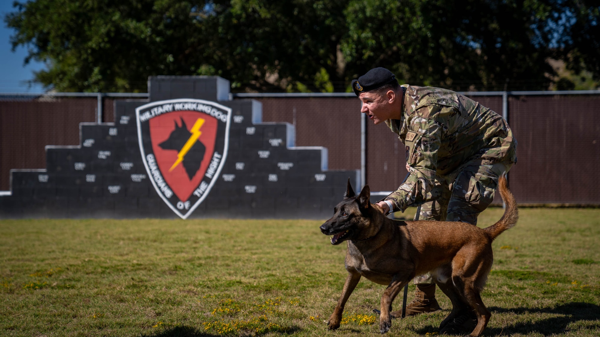 U.S. Air Force Senior Airman Jordan Ellis, 81st Security Forces Squadron military working dog handler, and Rufus, 81st SFS MWD, train in the obedience yard at Keesler Air Force Base, Mississippi, Oct. 20, 2023.